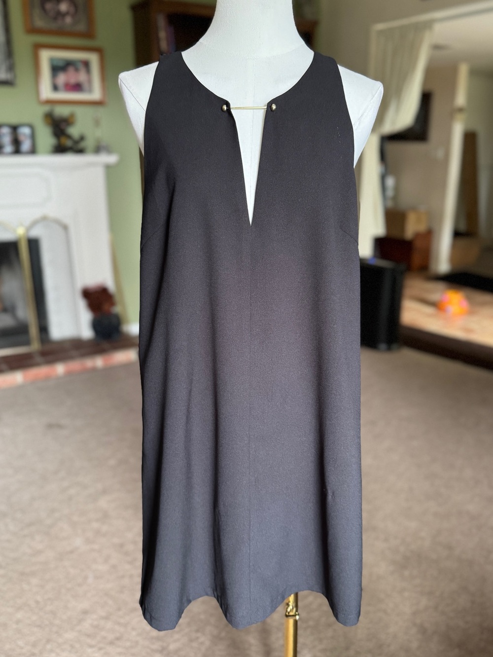 Lulus Black Swing Shift Mini Dress, Gold Bar Keyhole, Sleeveless